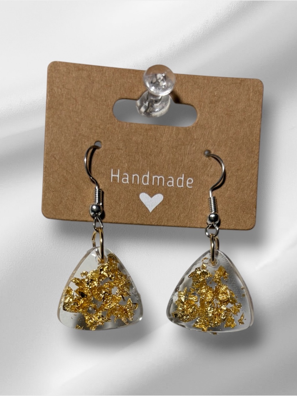 Handmade Clear Resin Triangle Earrings with Gold Leaf